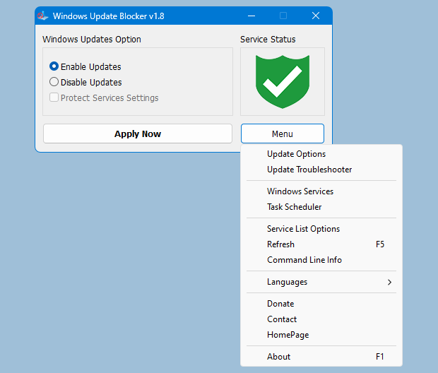 Windows Update Blocker main interface